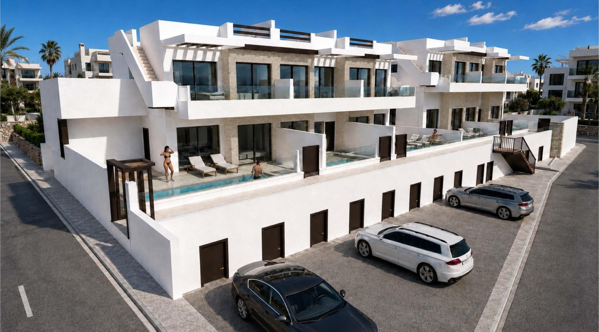 Completed apartment buildings and parking area in Cerro del Sol, San Miguel de Salinas, Alicante
