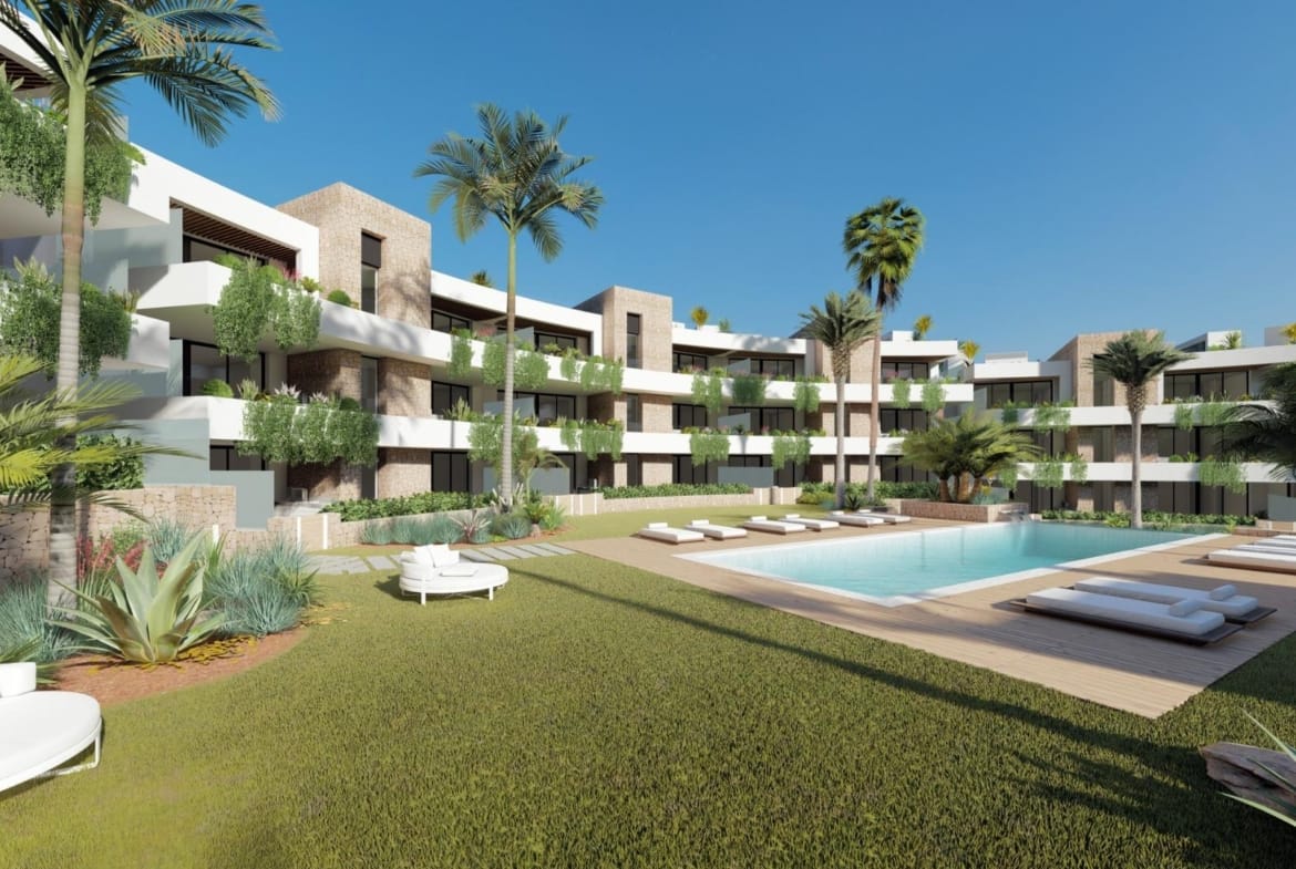 Render of the communal pool, sun loungers and gardens in La Manga Club, Murcia