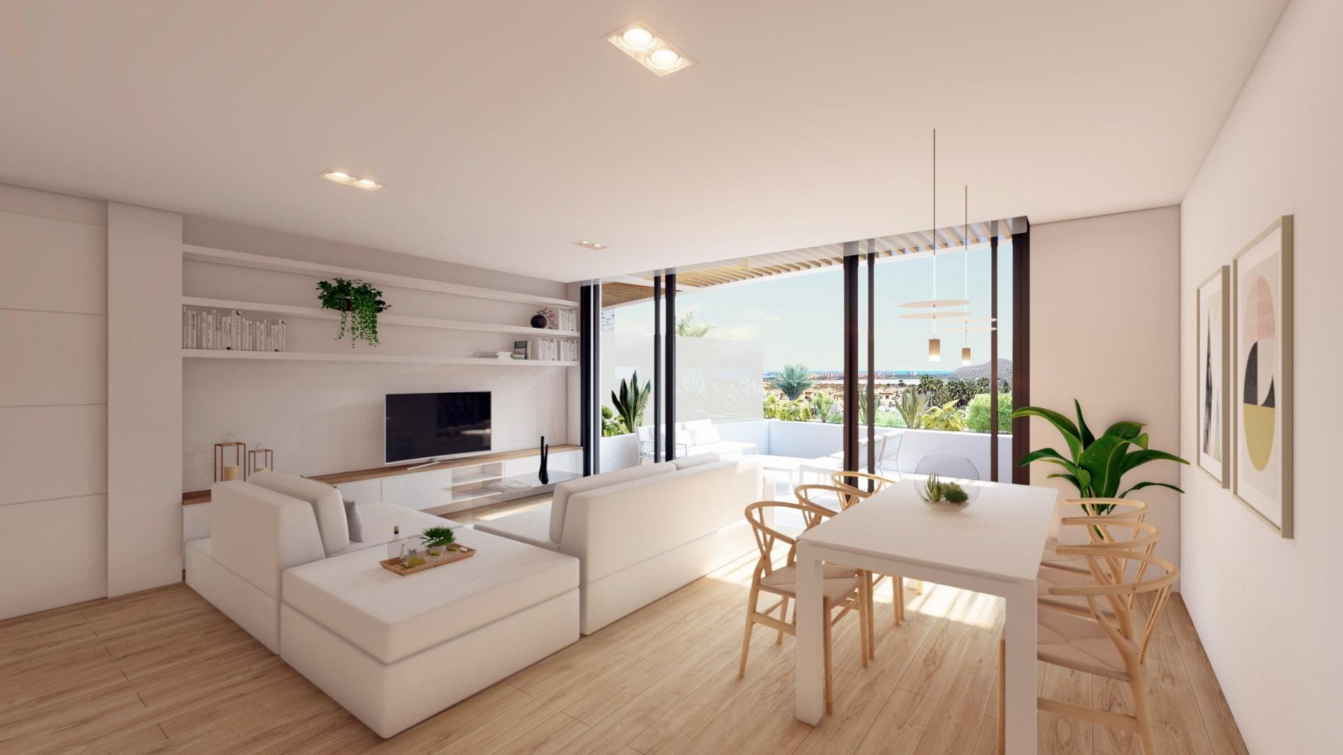 Open-plan apartment living and dining area render in La Manga Club, Murcia