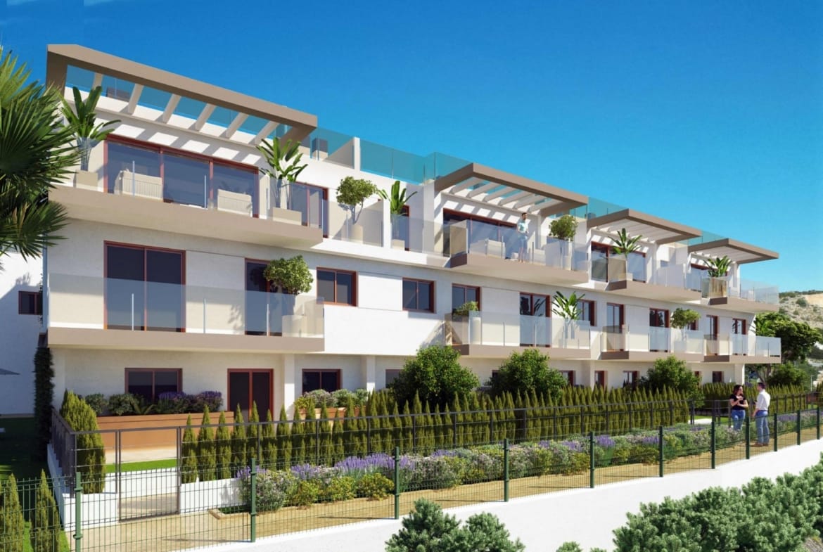 Rendering of townhouse facades and garden terraces in Nou Espai, La Nucia, Alicante
