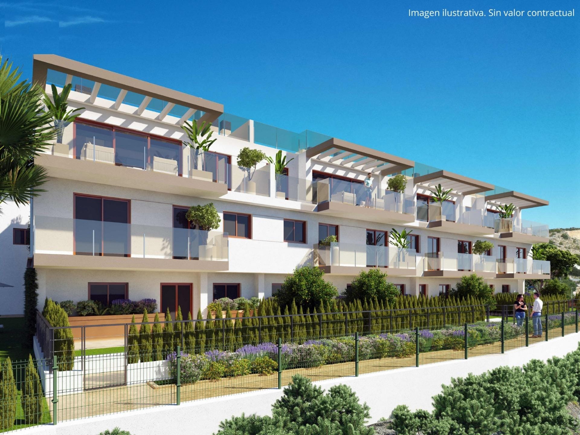NEW-BUILD-RESIDENTIAL-COMPLEX-IN-LA-NUCIA-1 Rendering of townhouse facades and garden terraces in Nou Espai, La Nucia, Alicante