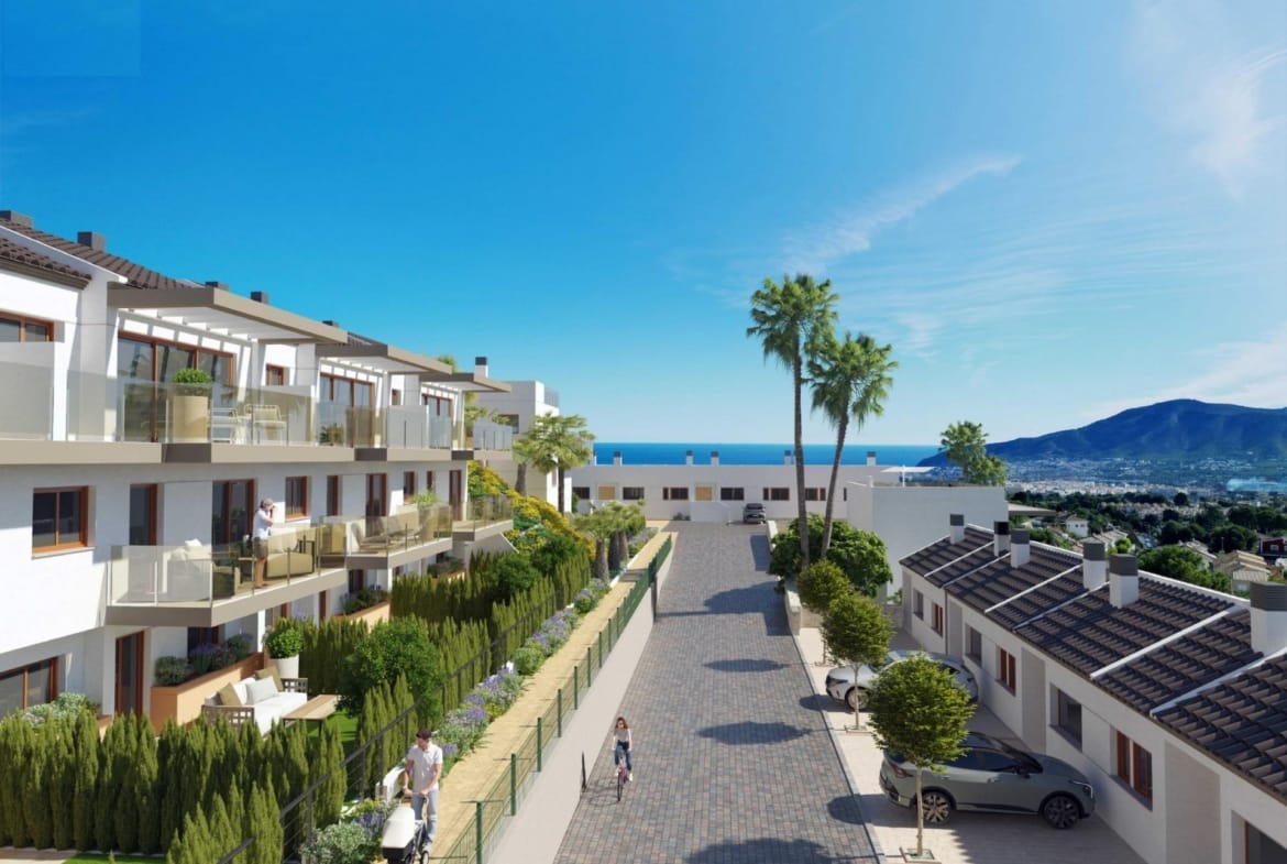 Rendering of the access road and homes towards the coast in Nou Espai, La Nucia, Alicante