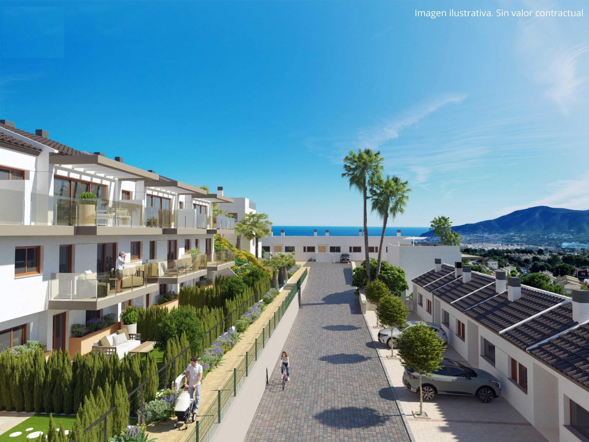 NEW-BUILD-RESIDENTIAL-COMPLEX-IN-LA-NUCIA-2 Rendering of the access road and homes towards the coast in Nou Espai, La Nucia, Alicante