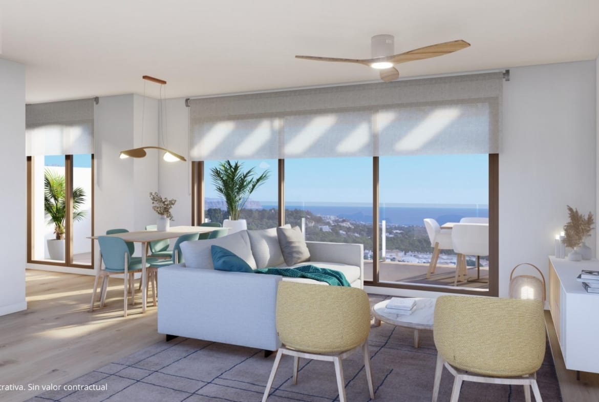 Rendering of the living and dining room opening to a terrace in Nou Espai, La Nucia, Alicante