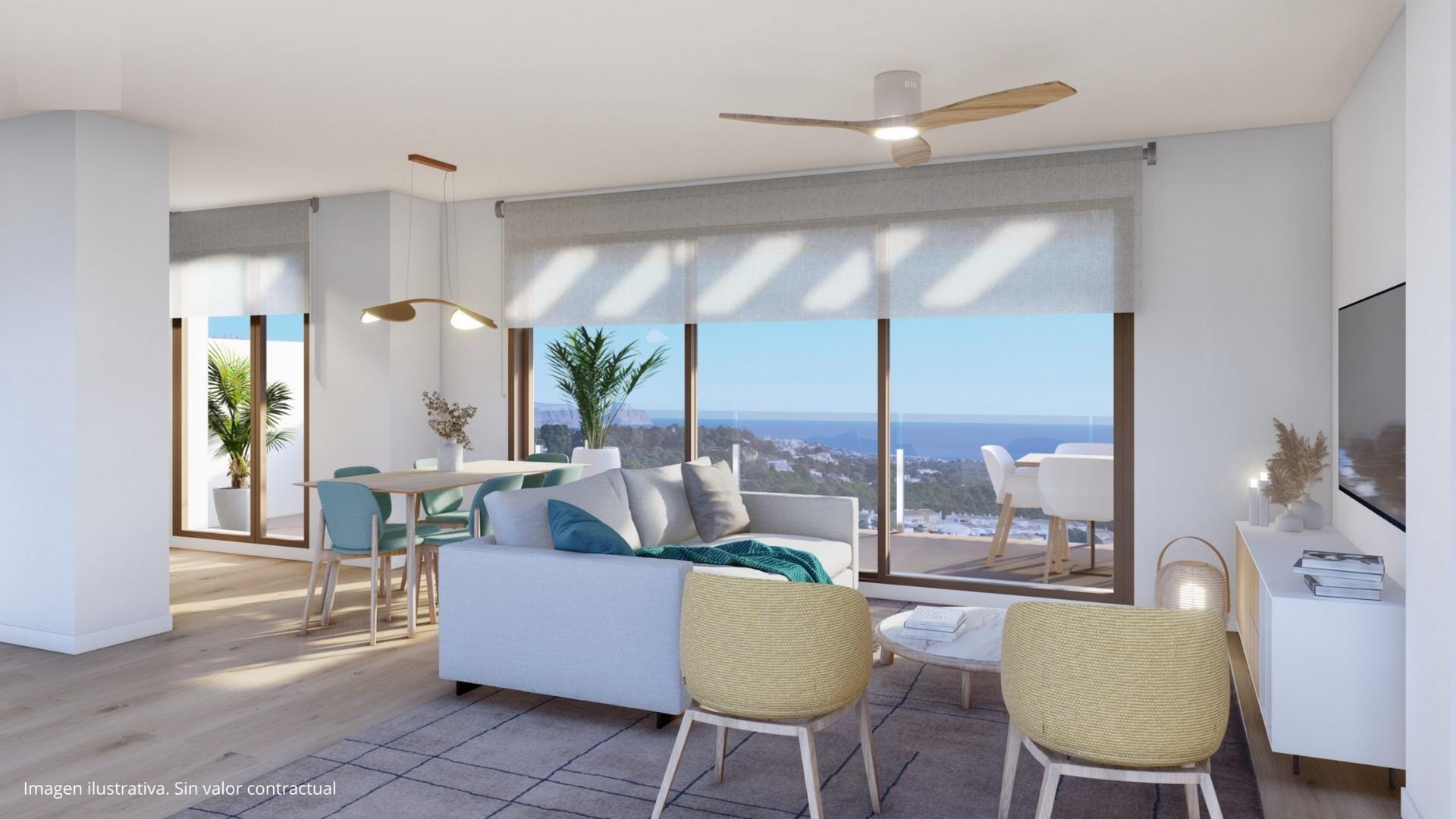 Rendering of an open living and dining room opening to a terrace in Nou Espai, La Nucia, Alicante