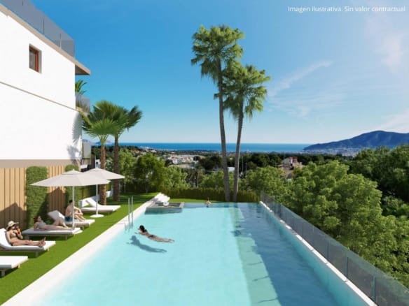Rendering of the communal pool and landscaped grounds in Nou Espai, La Nucia, Alicante