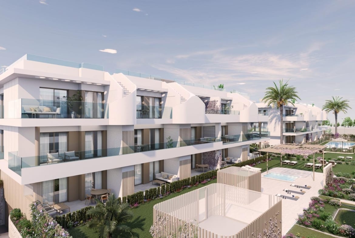 Rendering of apartment terraces overlooking the communal gardens in Pilar de la Horadada, Alicante