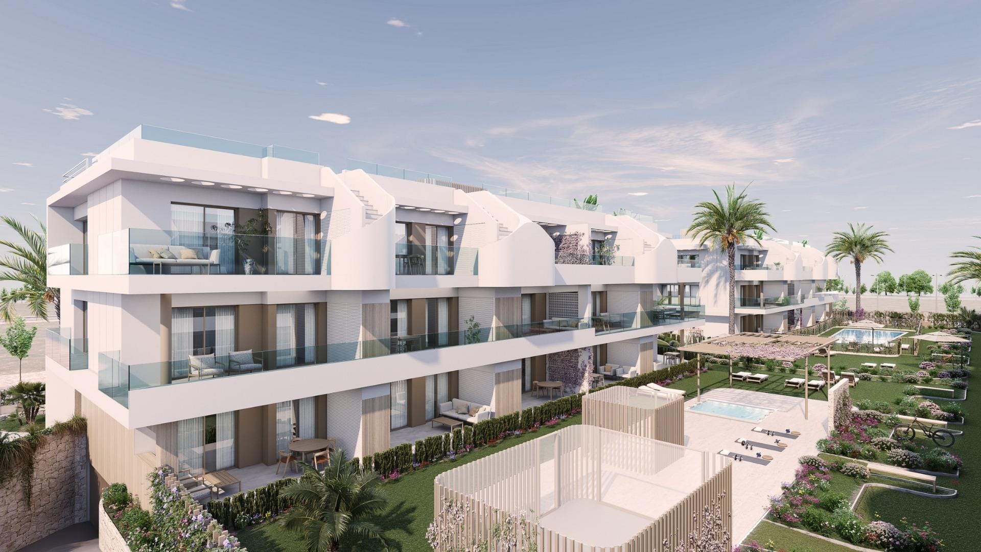 Rendering of apartment terraces overlooking the communal gardens in Pilar de la Horadada, Alicante