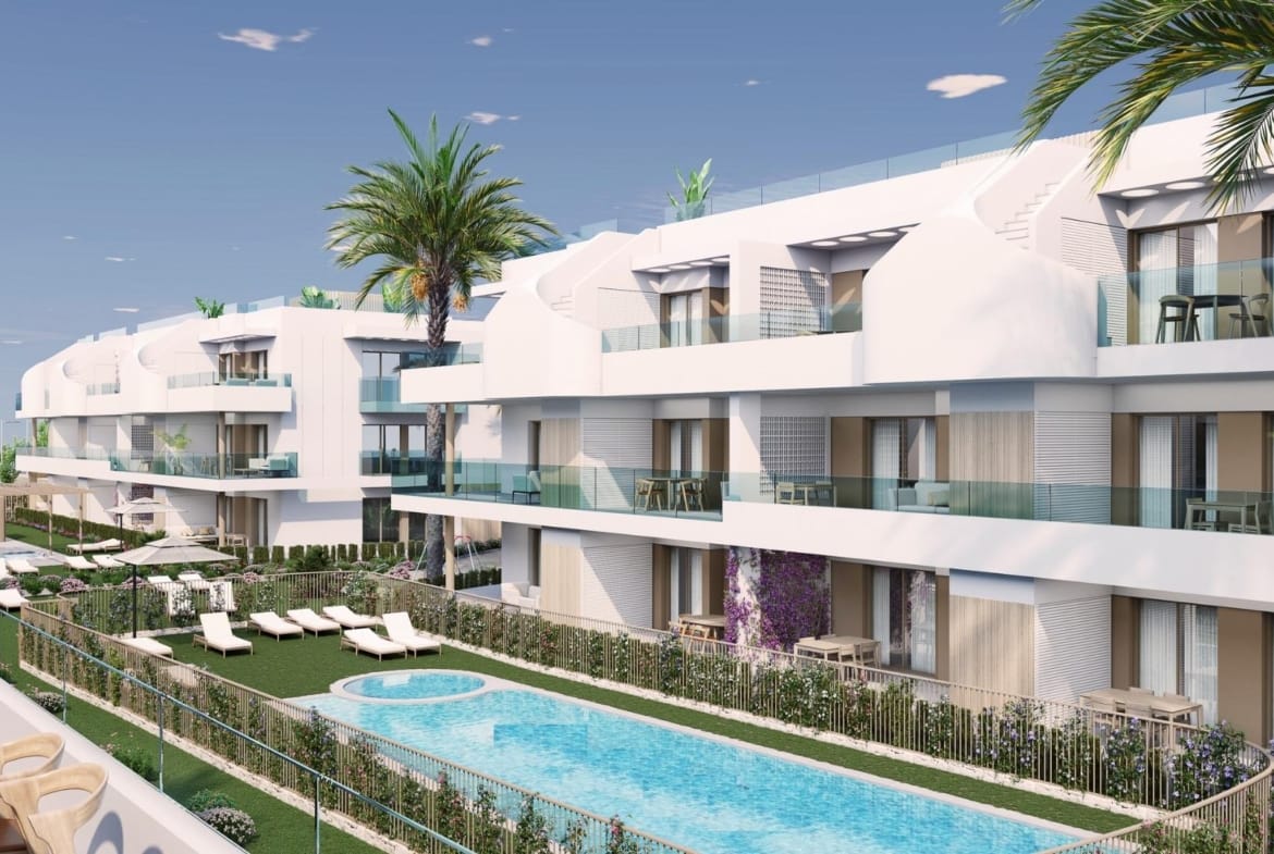 Rendering of the communal swimming pool beside the apartments in Pilar de la Horadada, Alicante