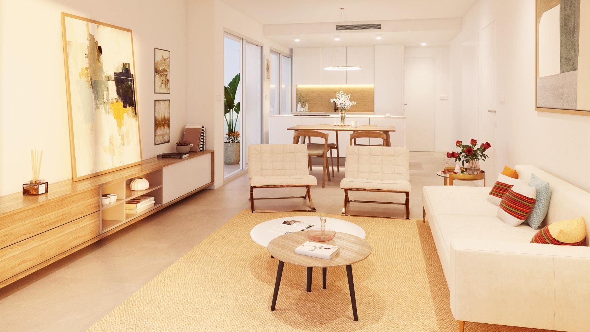 Rendering of an open living and dining area in Pilar de la Horadada, Alicante