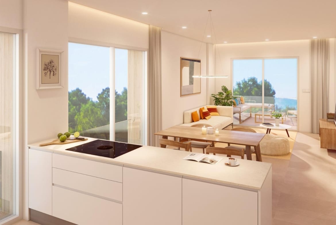 Rendering of the kitchen and living area opening onto a terrace in Pilar de la Horadada, Alicante