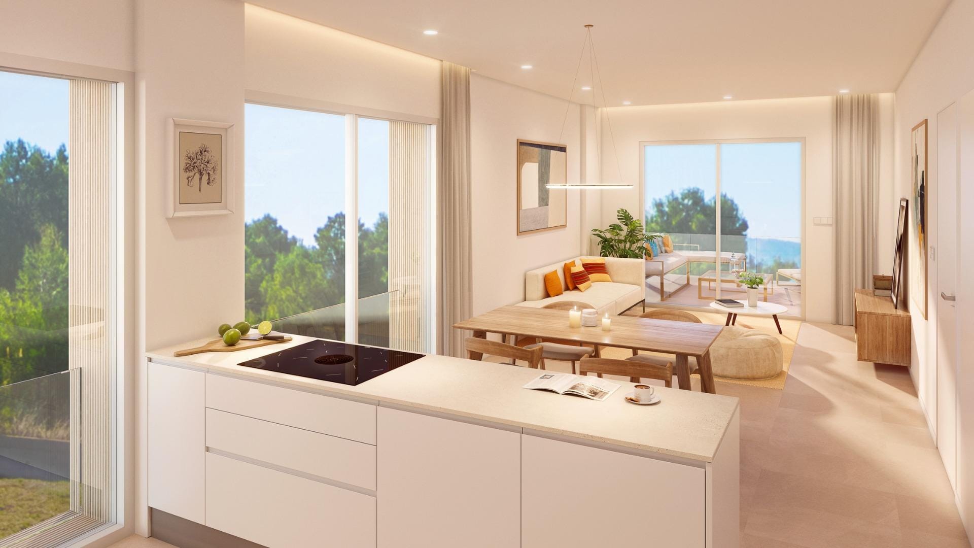 Rendering of the kitchen and living area opening onto a terrace in Pilar de la Horadada, Alicante