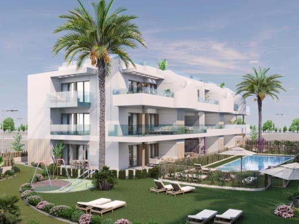 Rendering of the apartment buildings and landscaped communal grounds in Pilar de la Horadada, Alicante