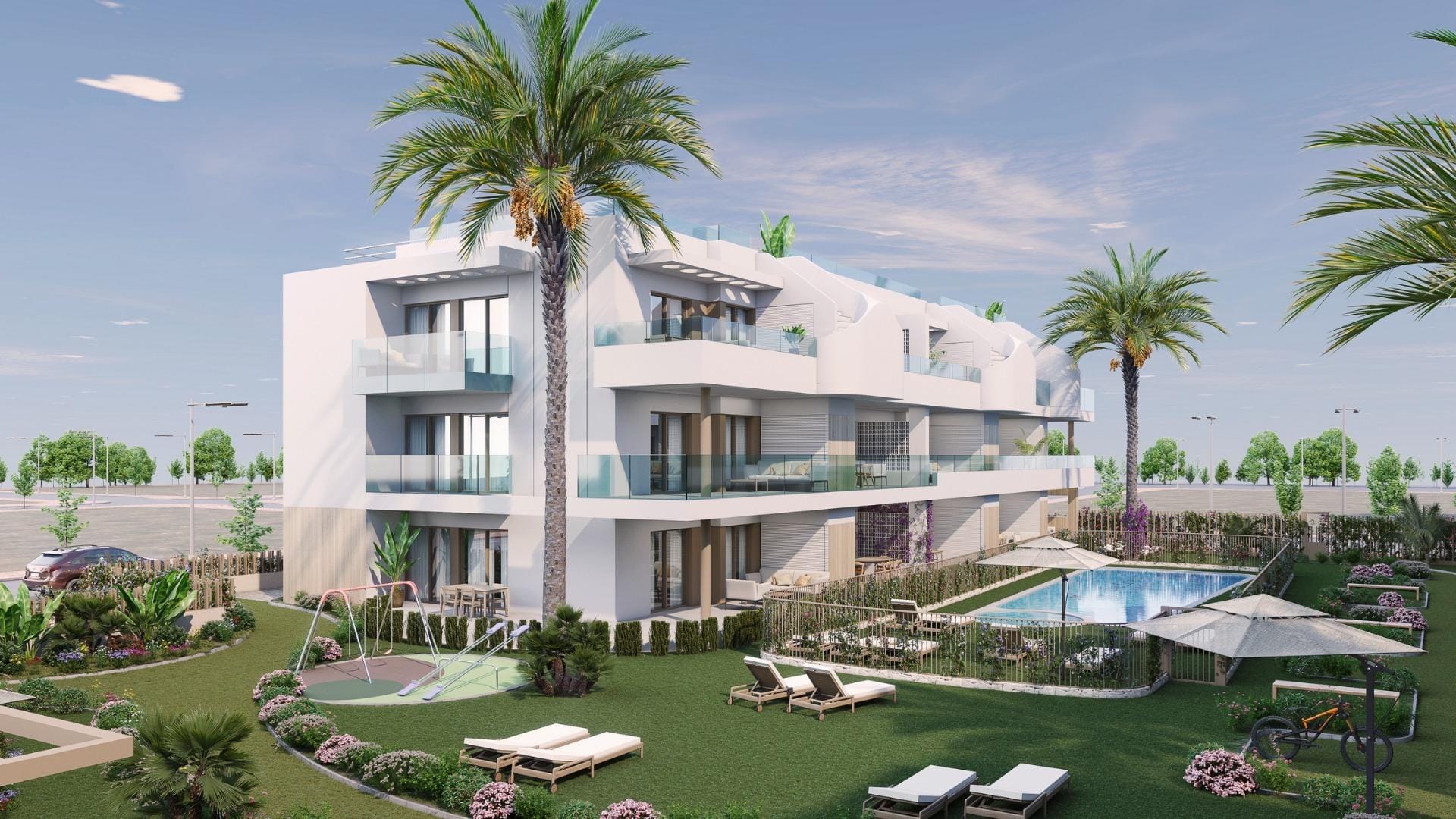 Rendering of the apartment buildings and landscaped communal grounds in Pilar de la Horadada, Alicante