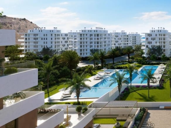 Landscaped communal gardens and swimming pool render in Playa del Torres, Villajoyosa, Alicante