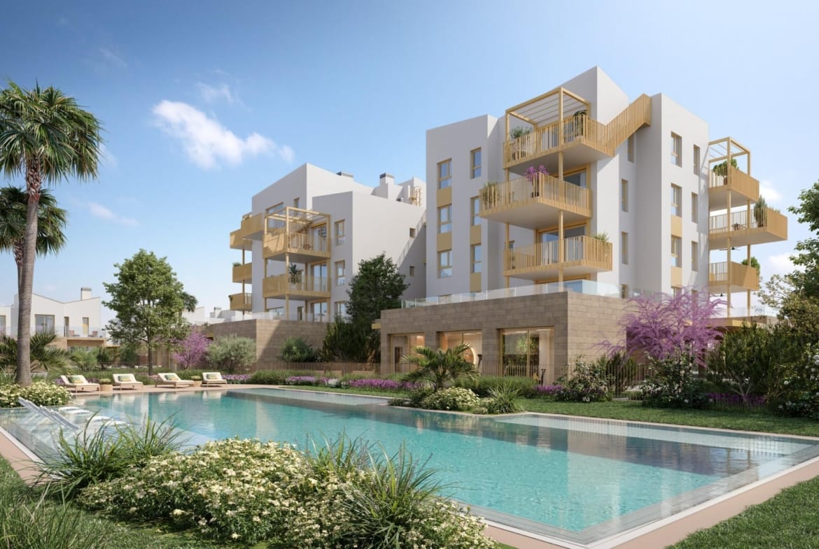 Rendering of apartment buildings beside the communal swimming pool in Playa de La Almadraba, El Vergel, Alicante