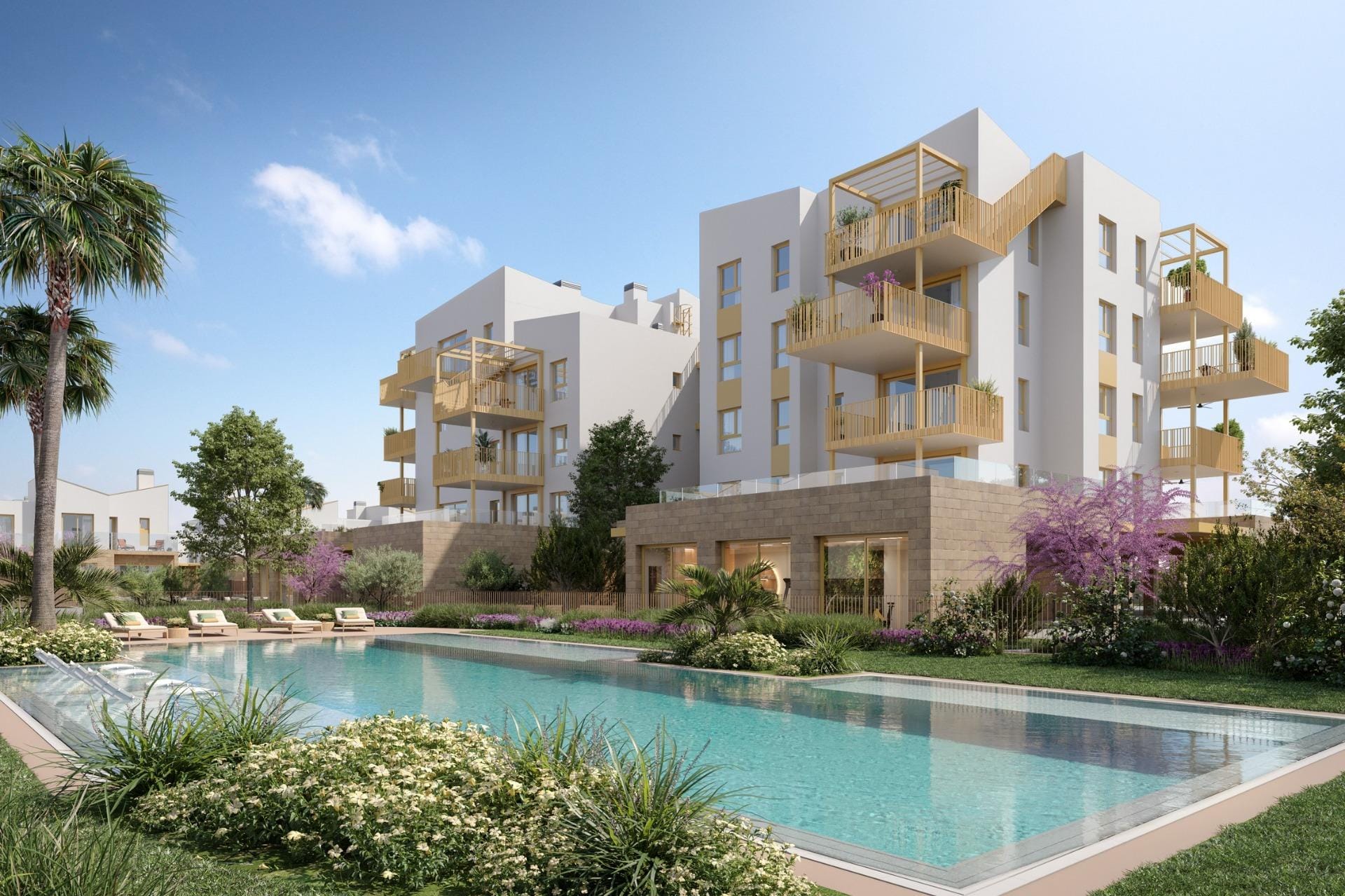 Rendering of apartment buildings beside the communal swimming pool in Playa de La Almadraba, El Vergel, Alicante