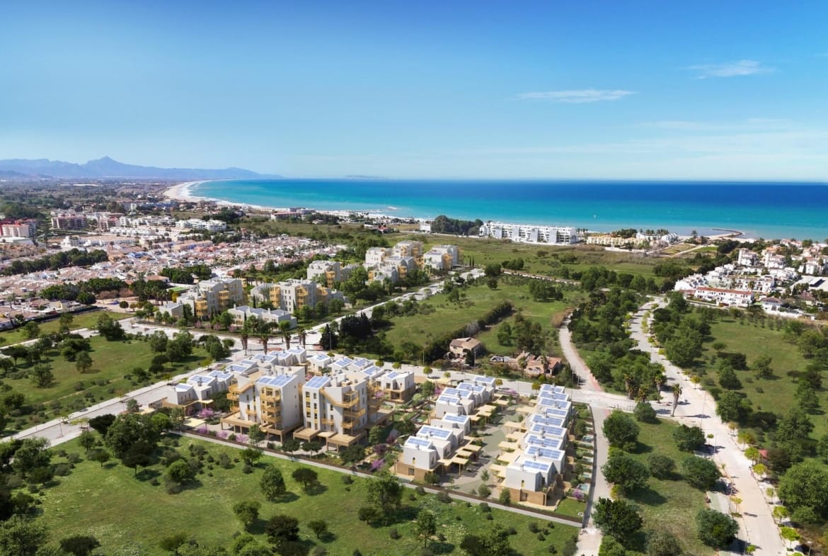Aerial rendering of the residential development and the nearby coastline in Playa de La Almadraba, El Vergel, Alicante