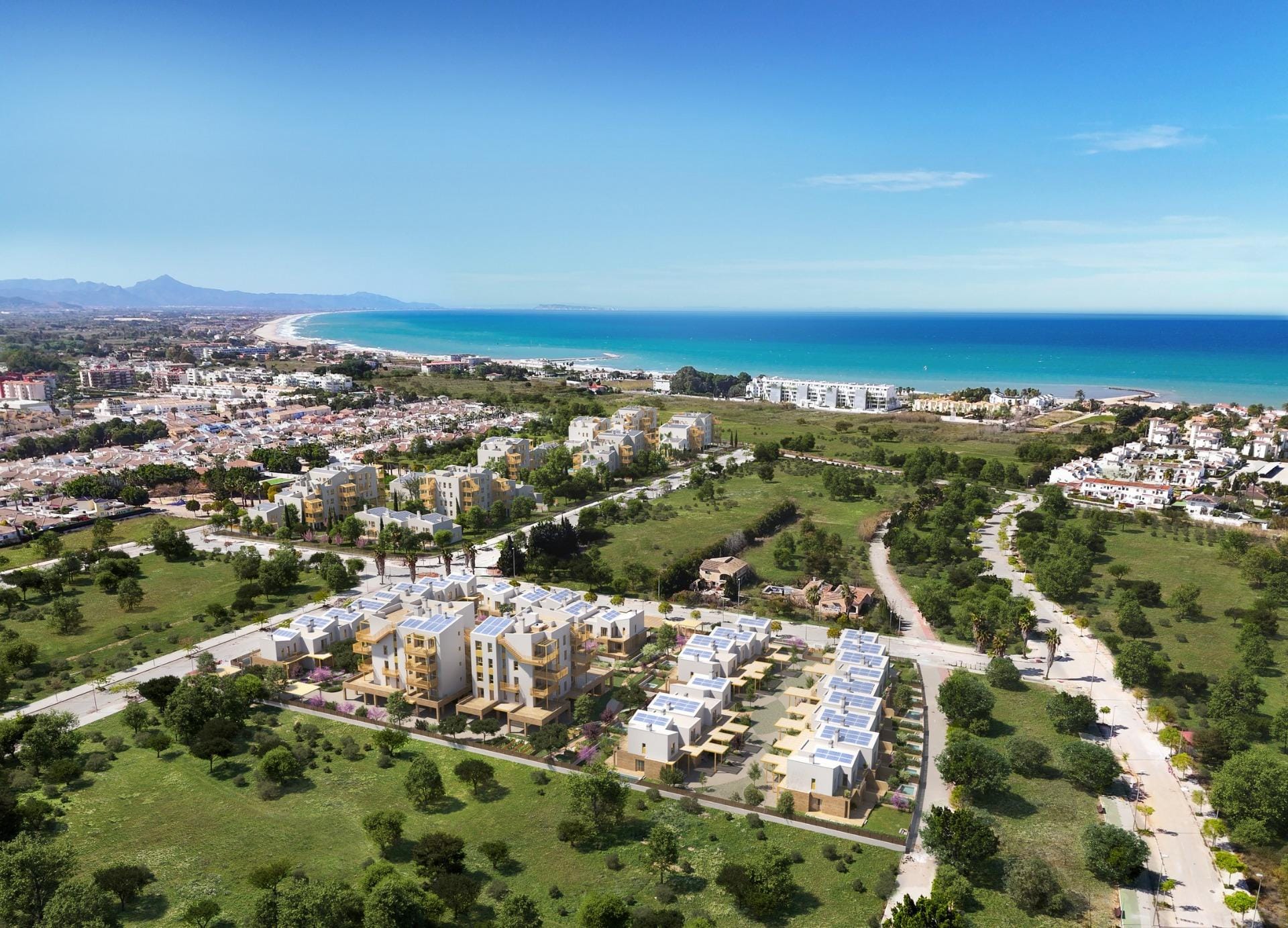 Aerial rendering of the residential development and the nearby coastline in Playa de La Almadraba, El Vergel, Alicante