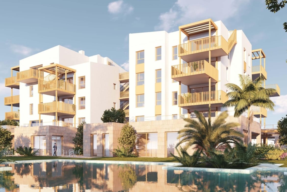 Rendering of apartments with timber-coloured terraces beside the communal pool in Playa de La Almadraba, El Vergel, Alicante