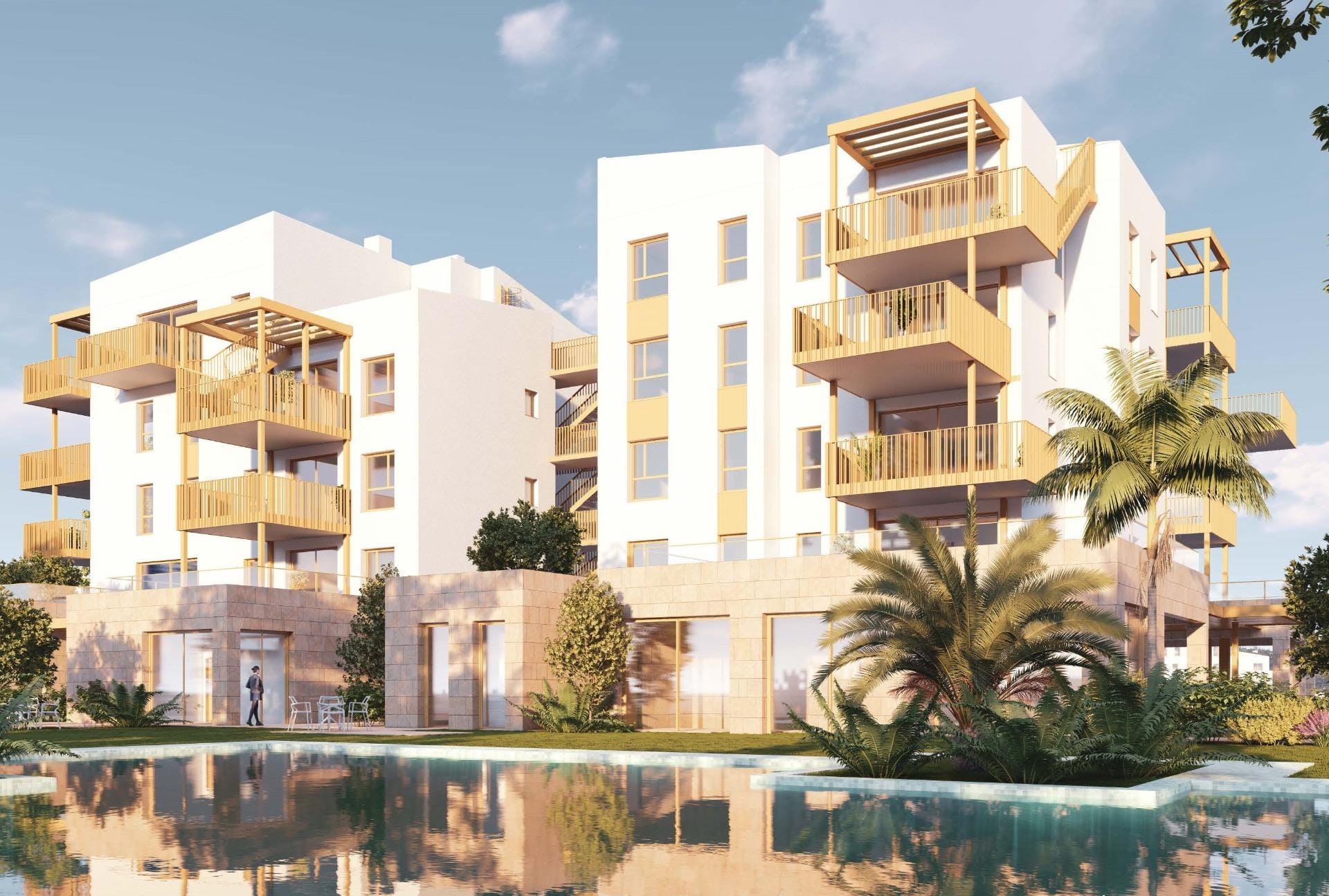 Rendering of apartments with timber-coloured terraces beside the communal pool in Playa de La Almadraba, El Vergel, Alicante