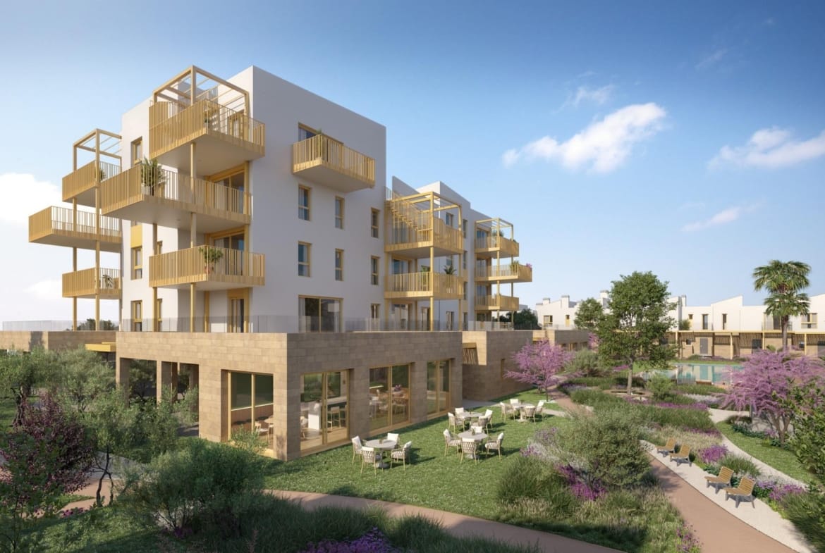 Rendering of the apartment buildings and landscaped communal gardens in Playa de La Almadraba, El Vergel, Alicante