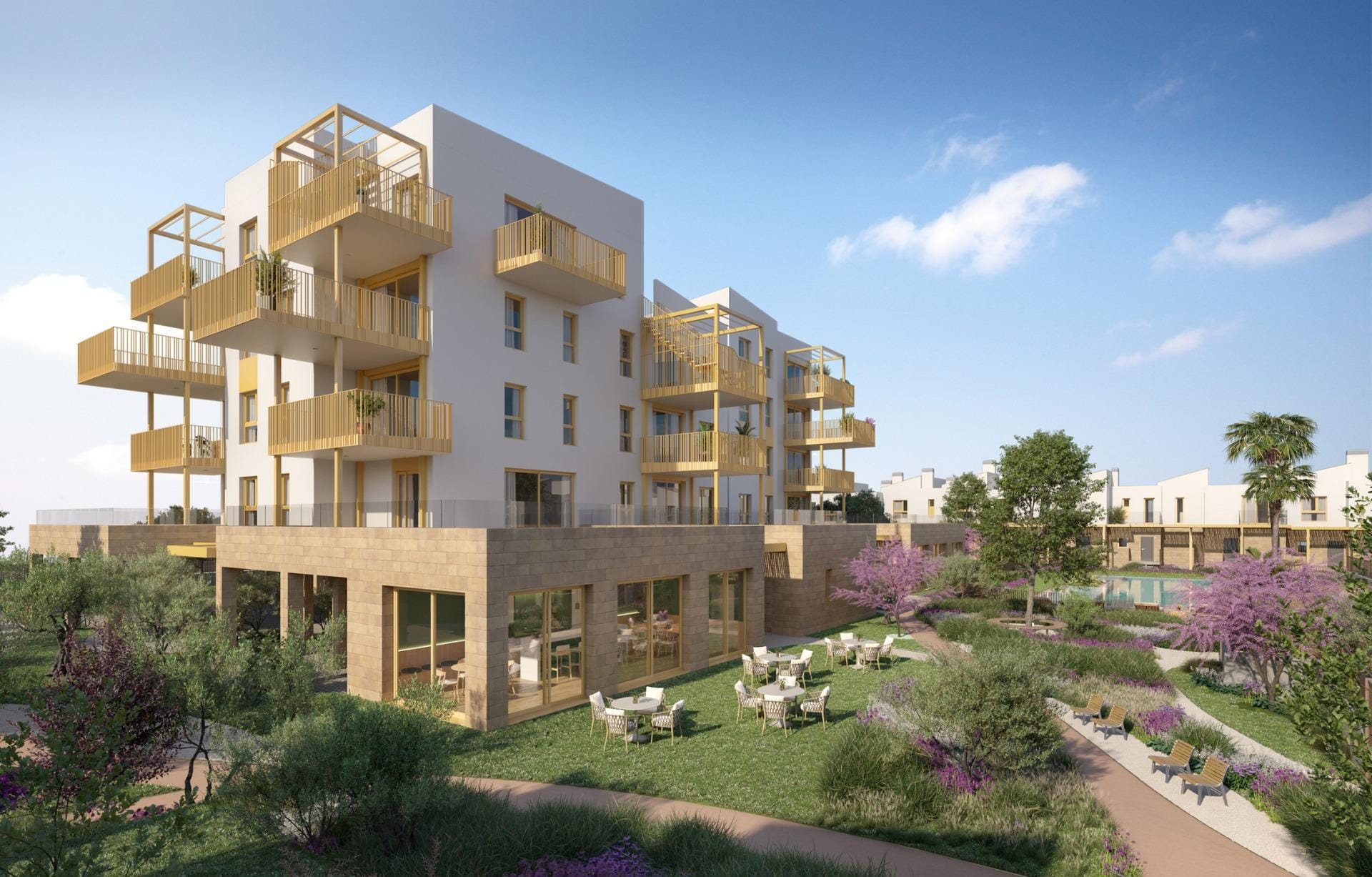Rendering of the apartment buildings and landscaped communal gardens in Playa de La Almadraba, El Vergel, Alicante
