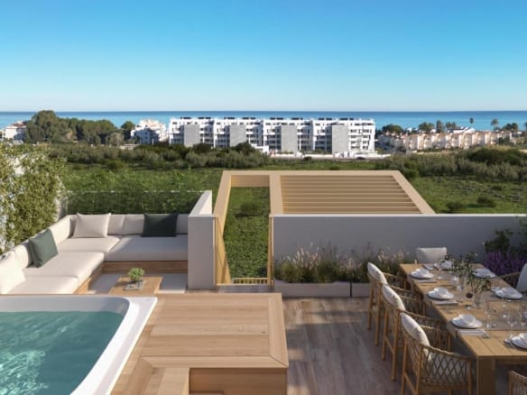 Rendering of the private solarium with seating and an optional jacuzzi in Playa de La Almadraba, El Vergel, Alicante