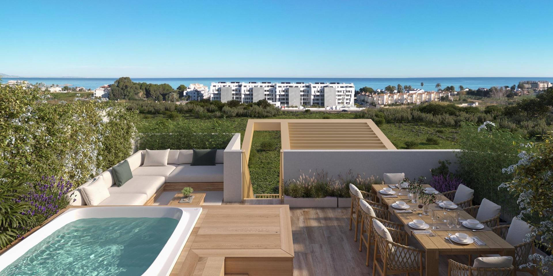 Rendering of the private solarium with seating and an optional jacuzzi in Playa de La Almadraba, El Vergel, Alicante