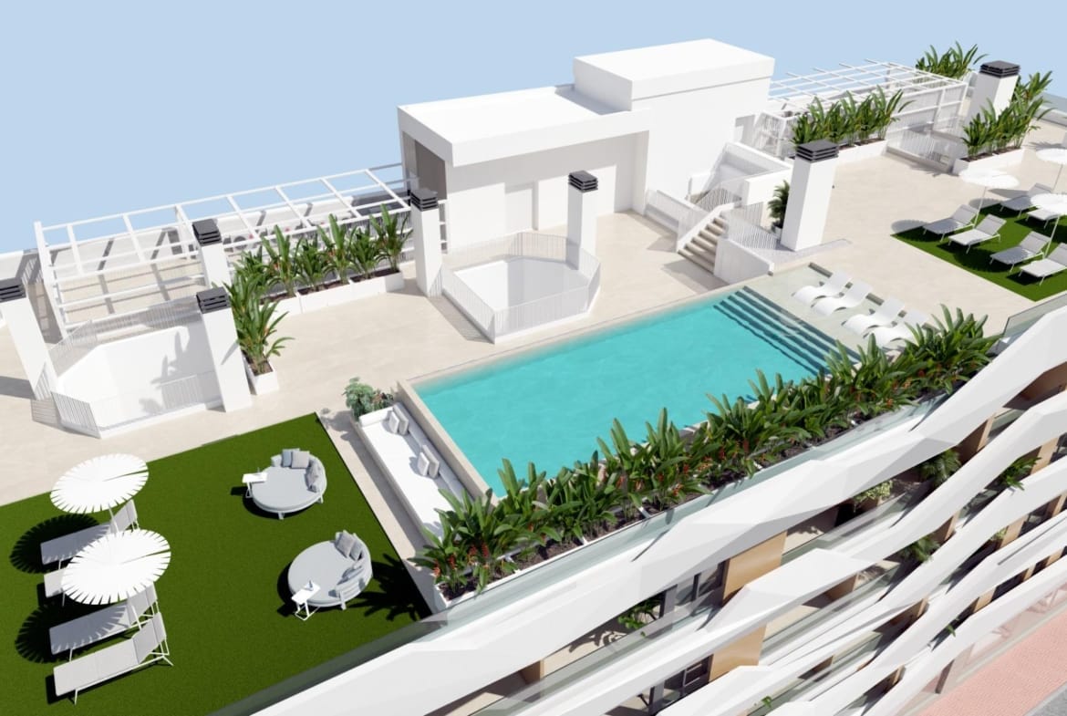 Aerial render of the rooftop pool and sun terrace in Guardamar del Segura, Alicante