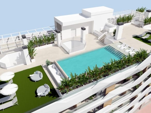Aerial render of the rooftop pool and sun terrace in Guardamar del Segura, Alicante