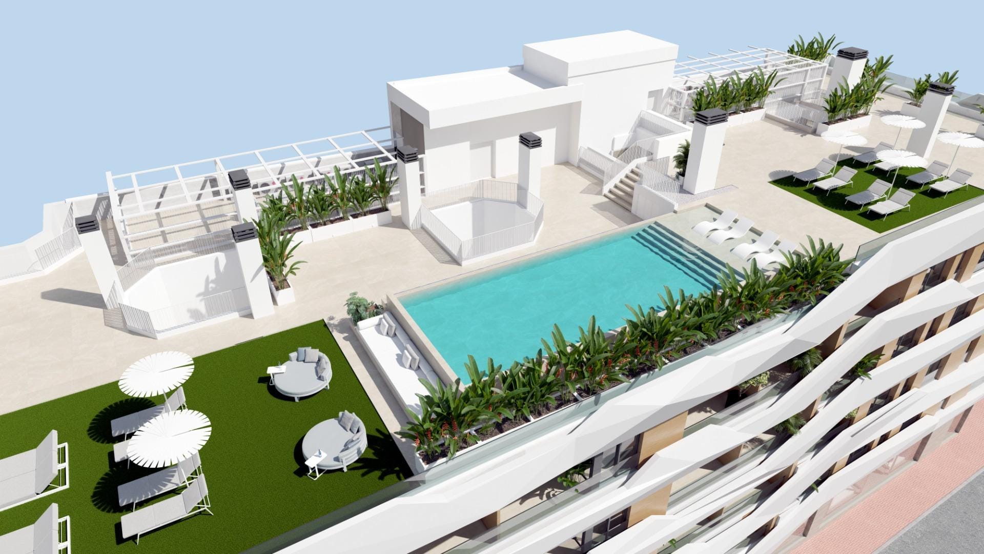 NEW-BUILD-RESIDENTIAL-IN-GUARDAMAR-DEL-SEGURA-1 Aerial render of the rooftop pool and sun terrace in Guardamar del Segura, Alicante