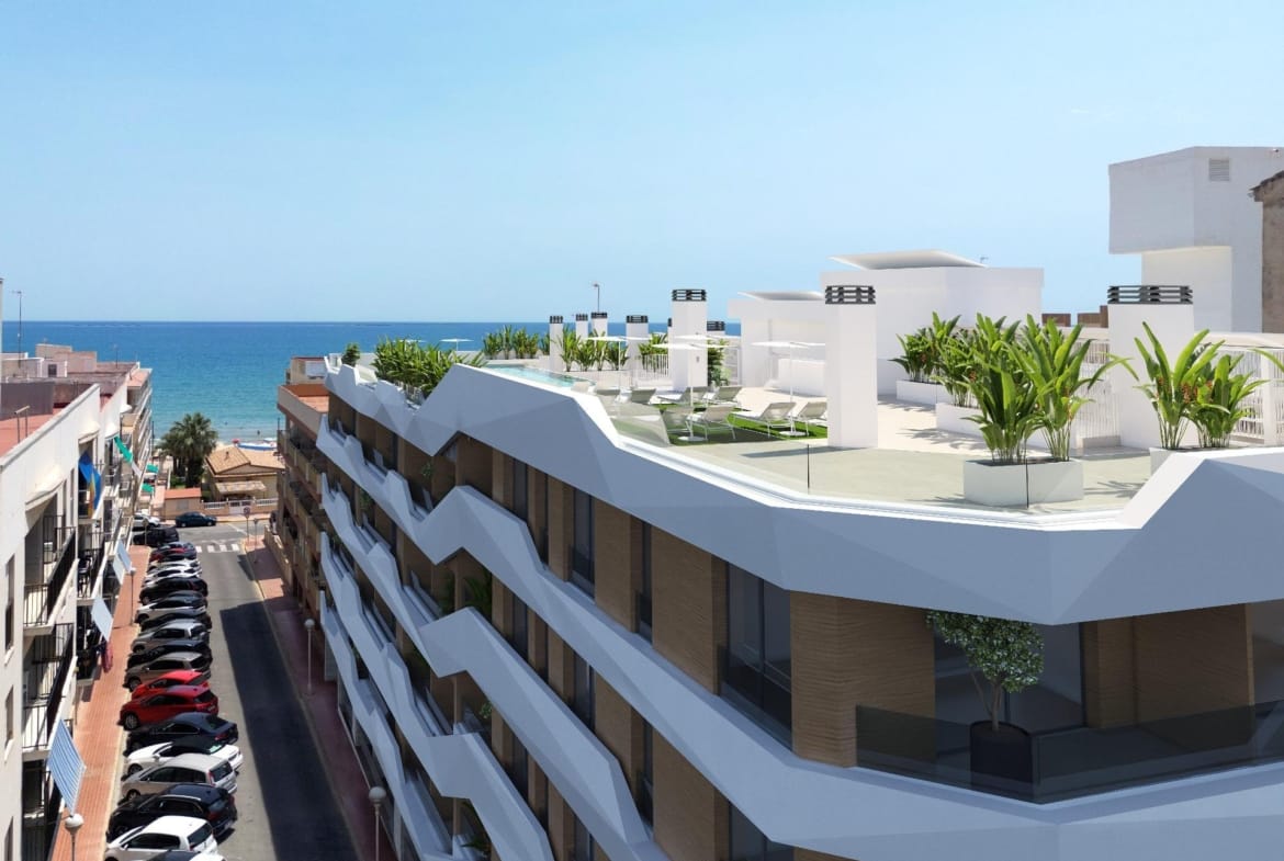 Apartment building render with rooftop communal facilities in Guardamar del Segura, Alicante