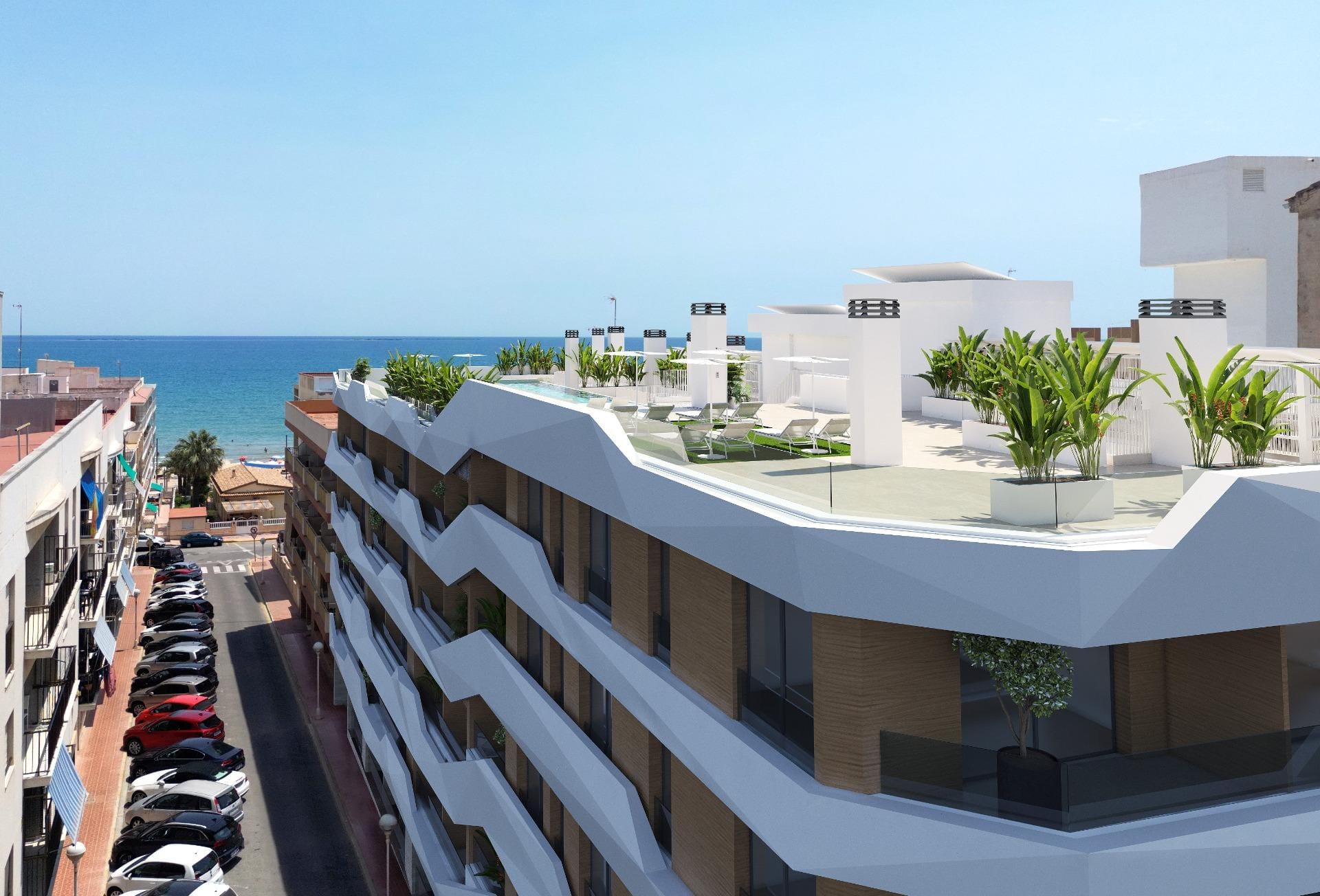 NEW-BUILD-RESIDENTIAL-IN-GUARDAMAR-DEL-SEGURA-2 Apartment building render with rooftop communal facilities in Guardamar del Segura, Alicante