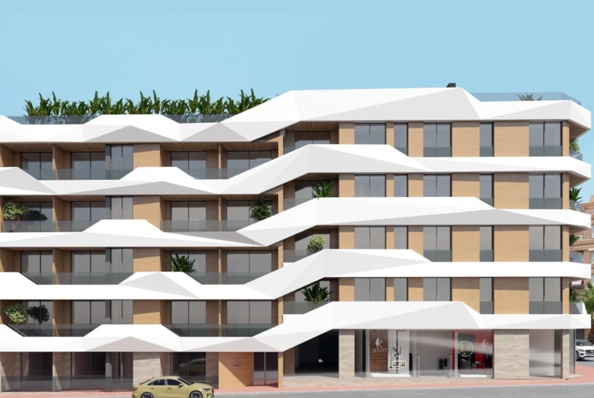 Street elevation render of the apartment building in Guardamar del Segura, Alicante