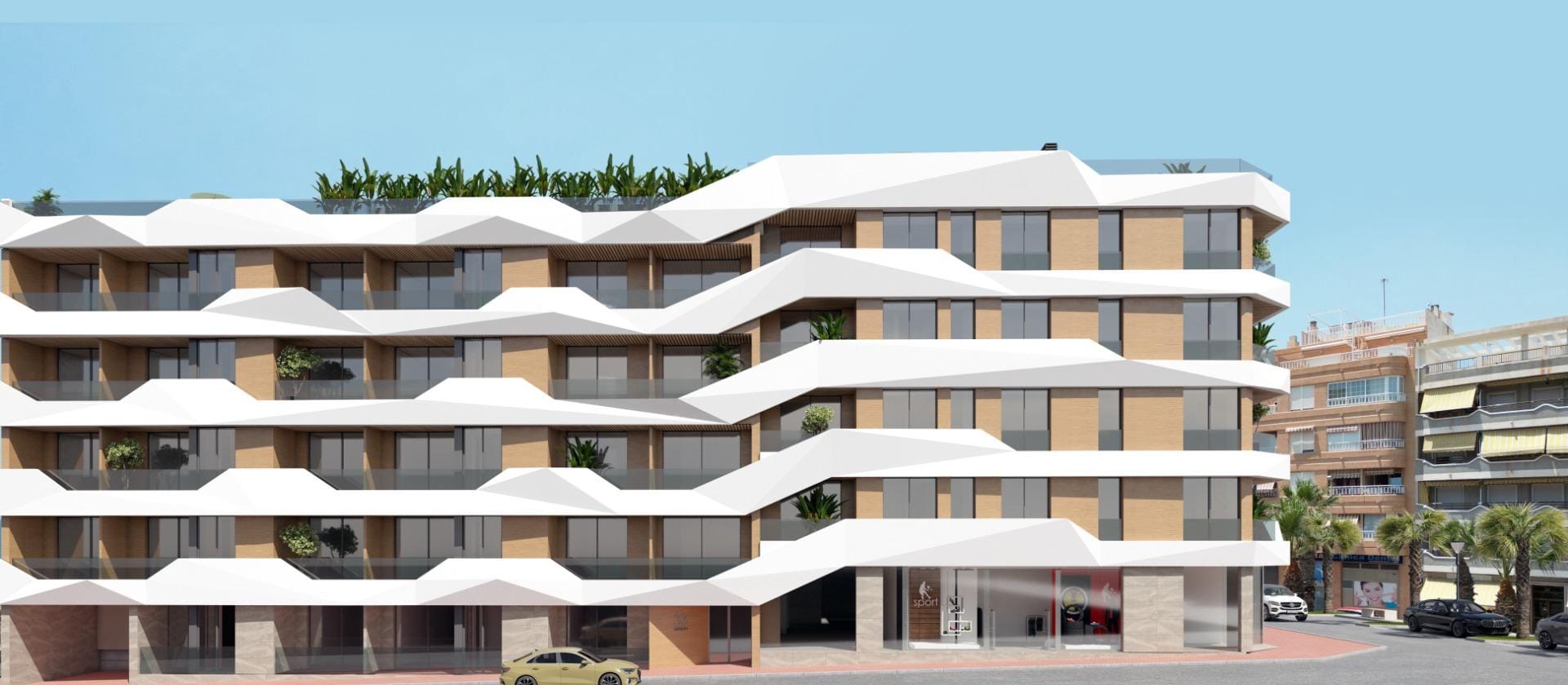 NEW-BUILD-RESIDENTIAL-IN-GUARDAMAR-DEL-SEGURA-3 Street elevation render of the apartment building in Guardamar del Segura, Alicante