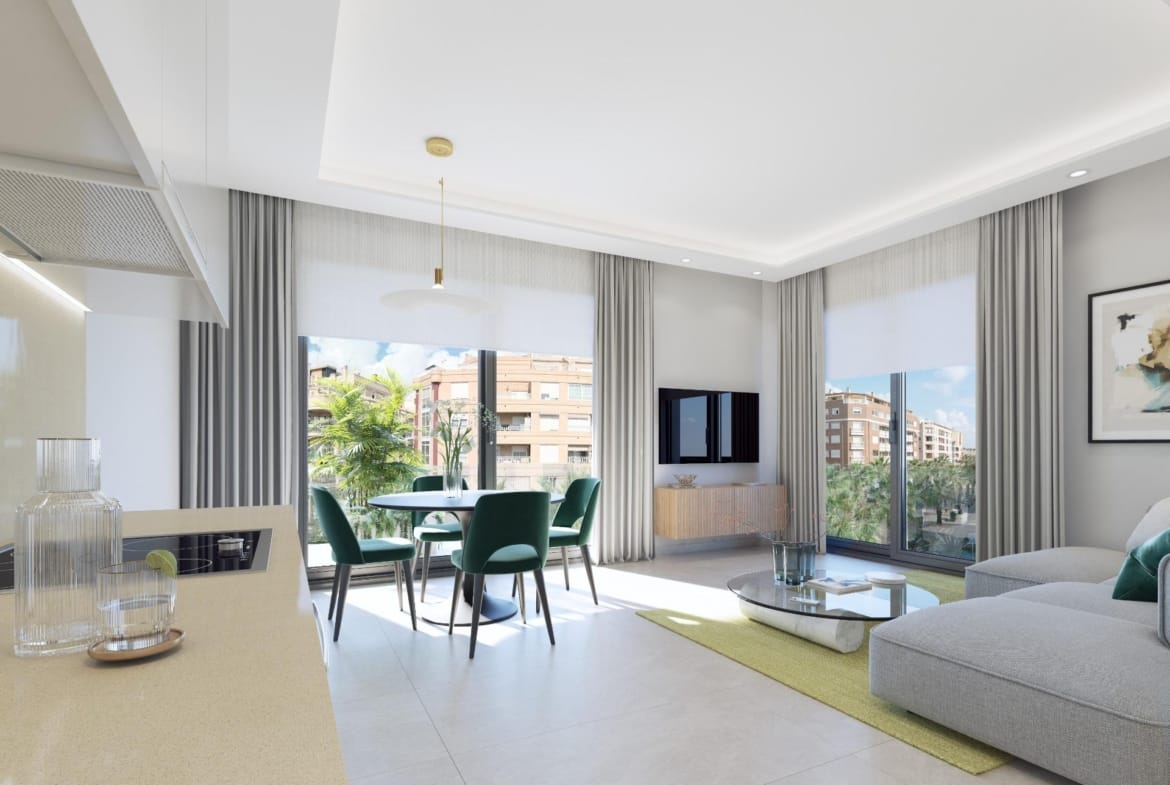 Open-plan living and dining room render in Guardamar del Segura, Alicante