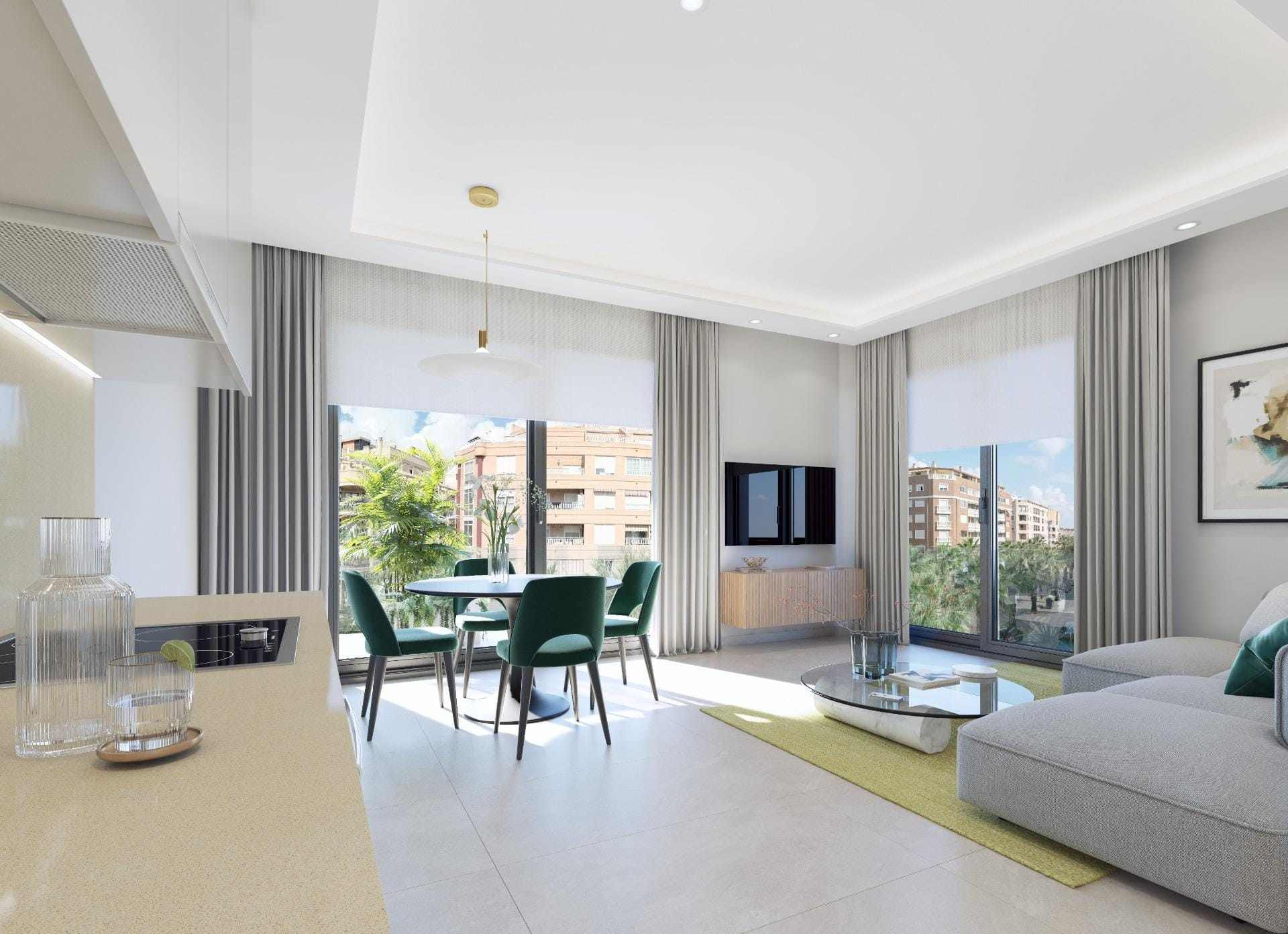Open-plan living and dining room render in Guardamar del Segura, Alicante