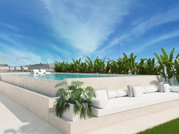 Communal rooftop pool and lounge seating render in Guardamar del Segura, Alicante