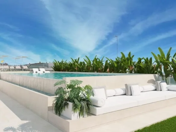 Visualisering av den gemensamma takpoolen och loungesittplatserna i Guardamar del Segura, Alicante