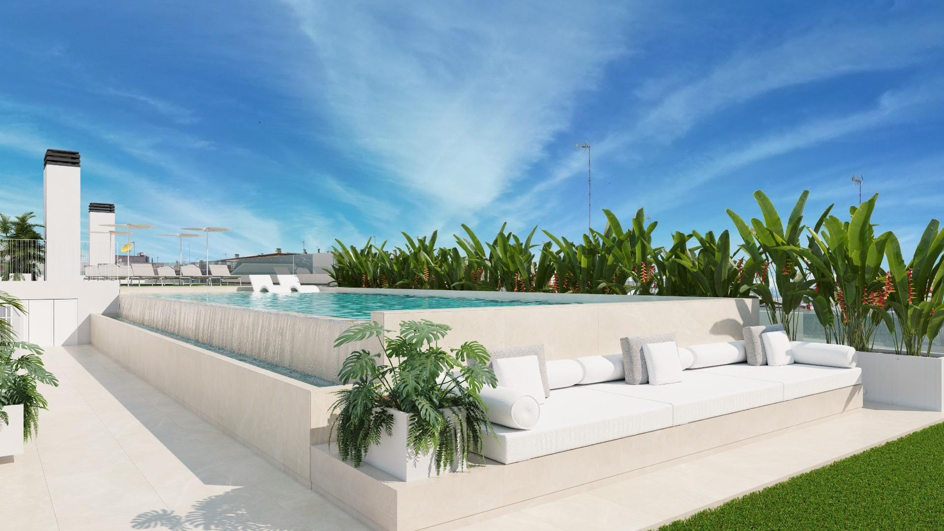 NEW BUILD RESIDENTIAL IN GUARDAMAR DEL SEGURA Communal rooftop pool and lounge seating render in Guardamar del Segura, Alicante