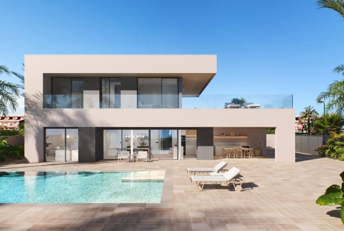 Front render of the villa, private pool and terrace in Torre de la Horadada, Alicante