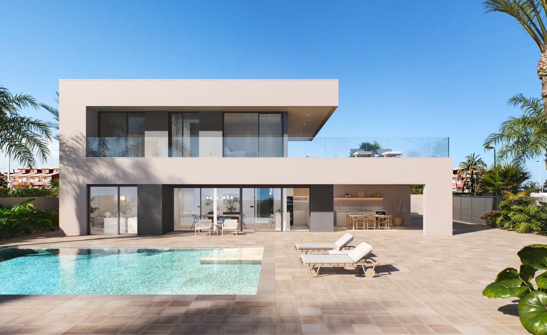 Front render of the villa, private pool and terrace in Torre de la Horadada, Alicante