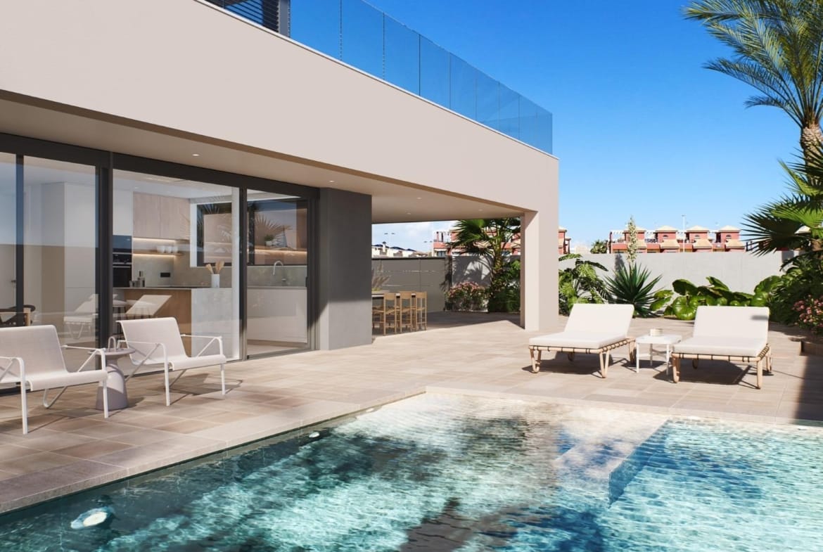 Poolside terrace and outdoor seating render at the villa in Torre de la Horadada, Alicante
