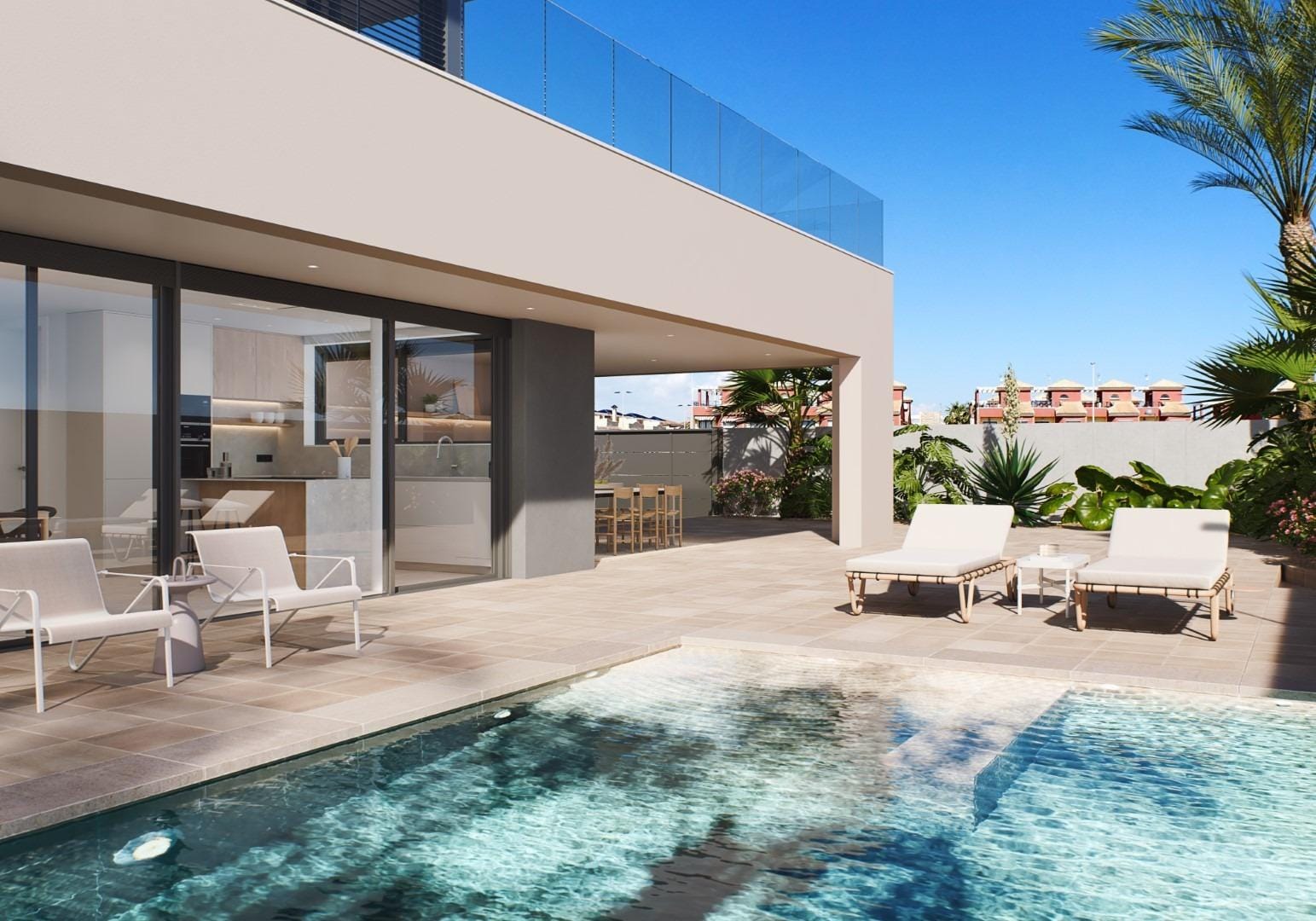 Poolside terrace and outdoor seating render at the villa in Torre de la Horadada, Alicante