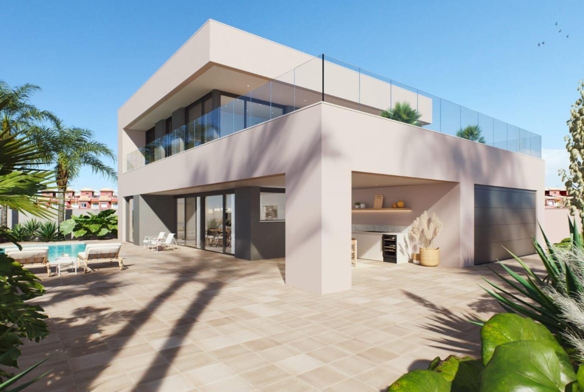 Two-storey villa exterior and covered dining terrace render in Torre de la Horadada, Alicante