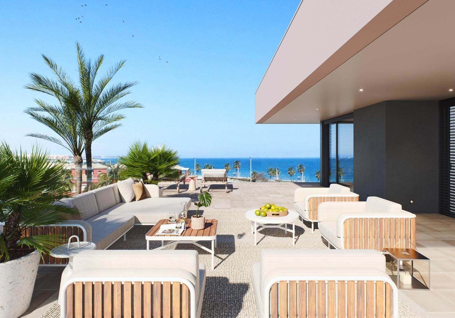 Villa terrace render with Mediterranean sea views in Torre de la Horadada, Alicante