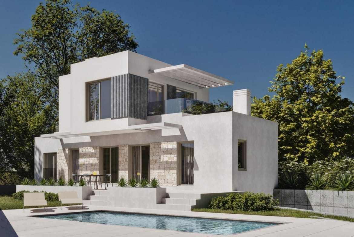 Villa facade with a shaded terrace and private pool in Sierra Cortina, Finestrat, Alicante
