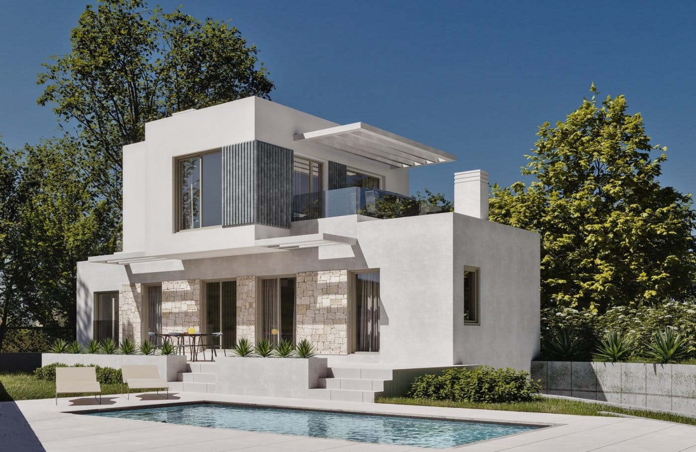 Villa facade with a shaded terrace and private pool in Sierra Cortina, Finestrat, Alicante