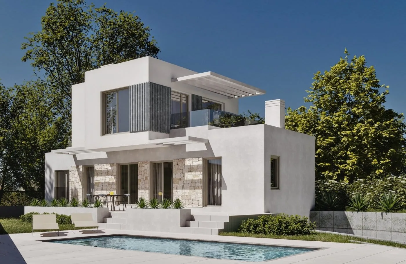 NEW-BUILD-VILLAS-IN-FINESTRAT-2 Villa facade with a shaded terrace and private pool in Sierra Cortina, Finestrat, Alicante